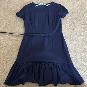 Shoshanna Navy Short Sleeve Ruffle Drop Hem Dress Womens 4